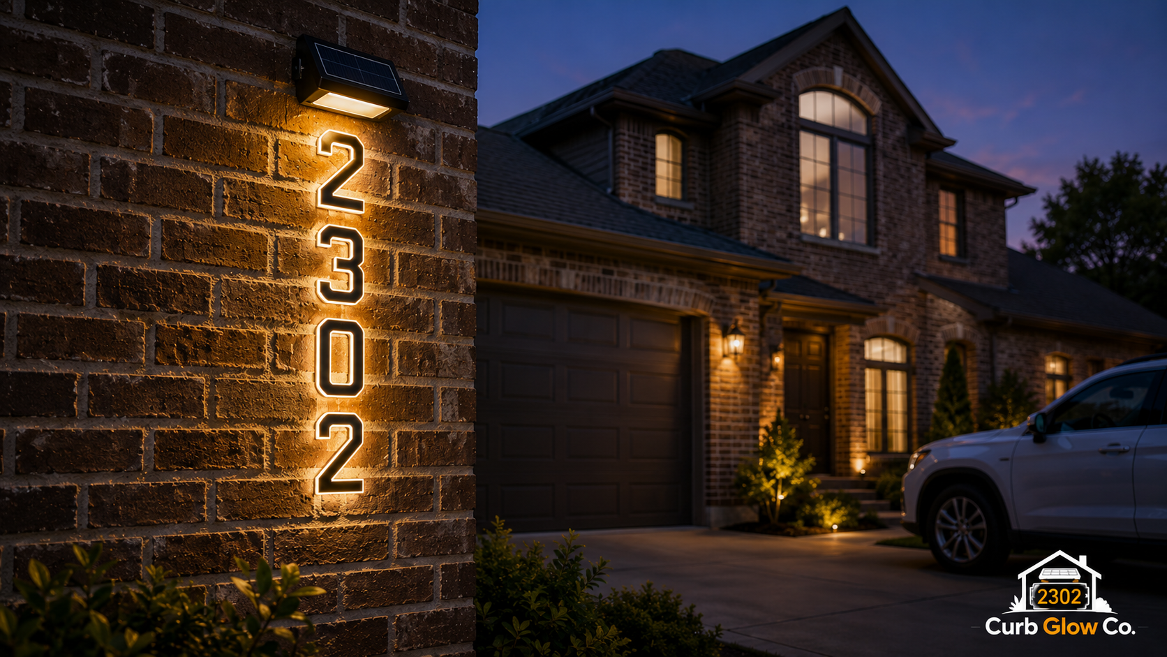 Solar lighted house numbers glowing at night on a North Texas home
